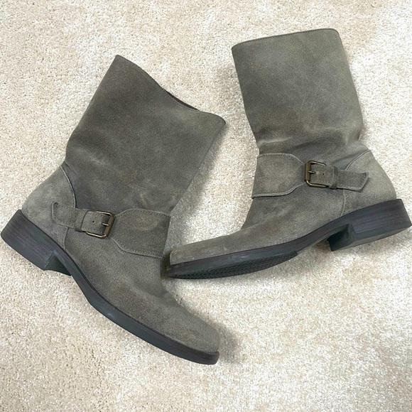 Dixon Grey Suede Size 7 JCrew Mid Calf Pull On Moto Boot w Gold Buckle Detail - Picture 1 of 12